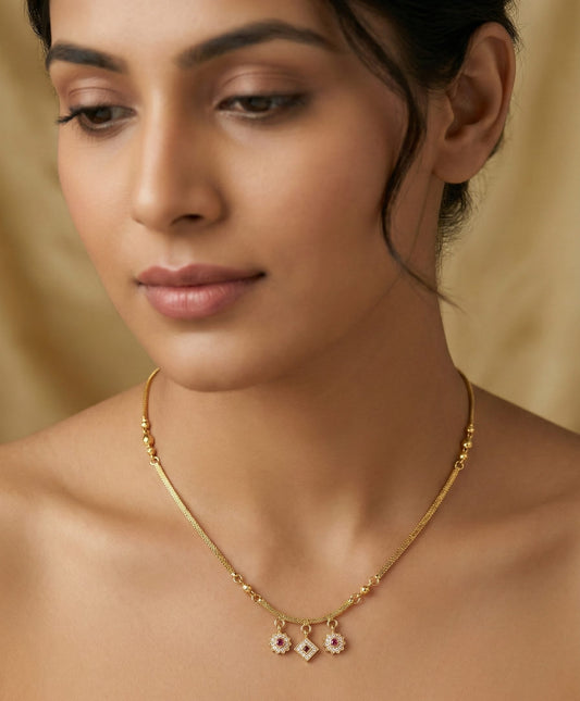 Delicate Gold Chain with Floral Ruby Pendants