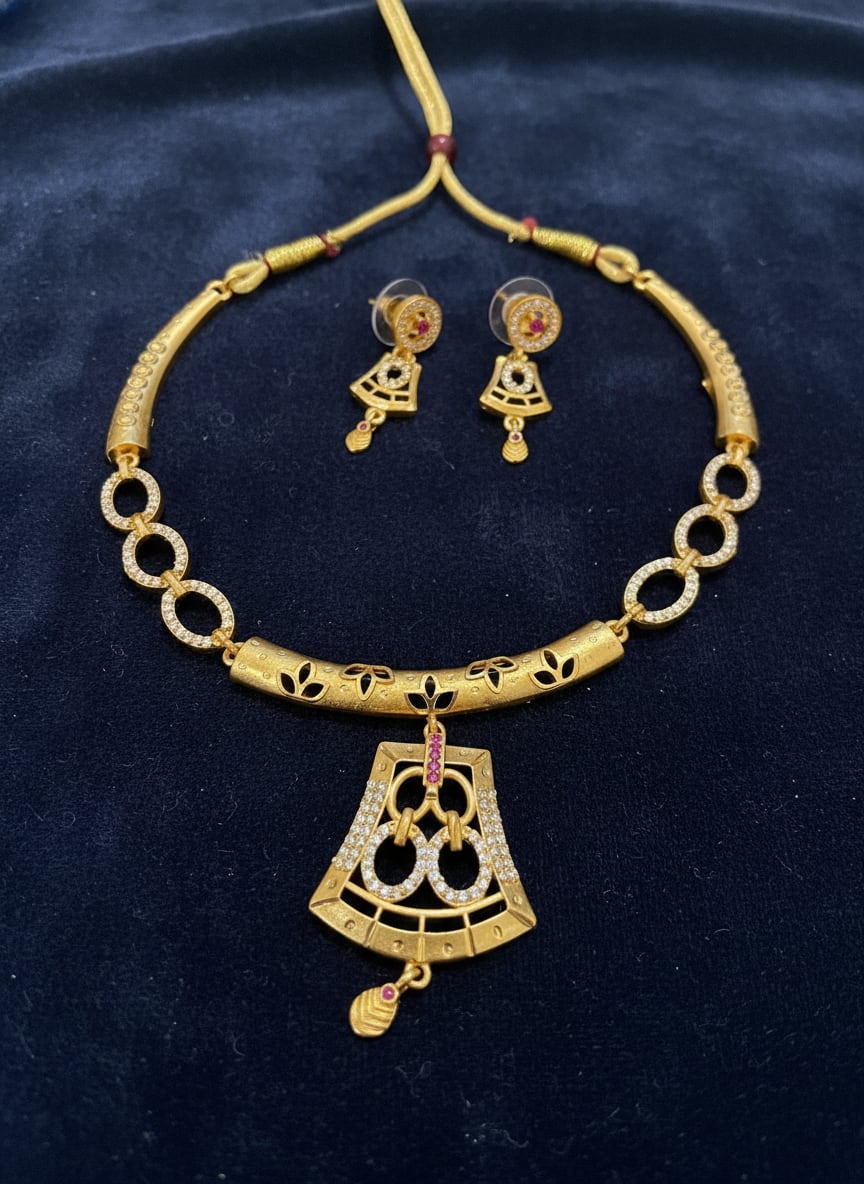 Elegant Micro Gold Plated And Diamond Pendant Necklace Set with Matching Earrings