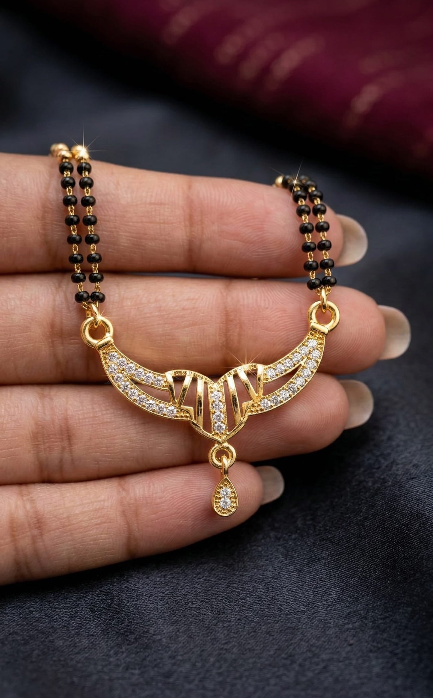 Elegant Micro Gold Plated Diamond Studded Mangalsutra with Dual Bead Chain & Drop Pendant