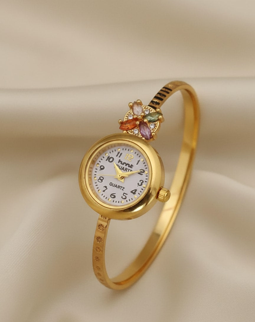 Beautiful Golden Floral And Stone Studded Bracelet Watch For Women
