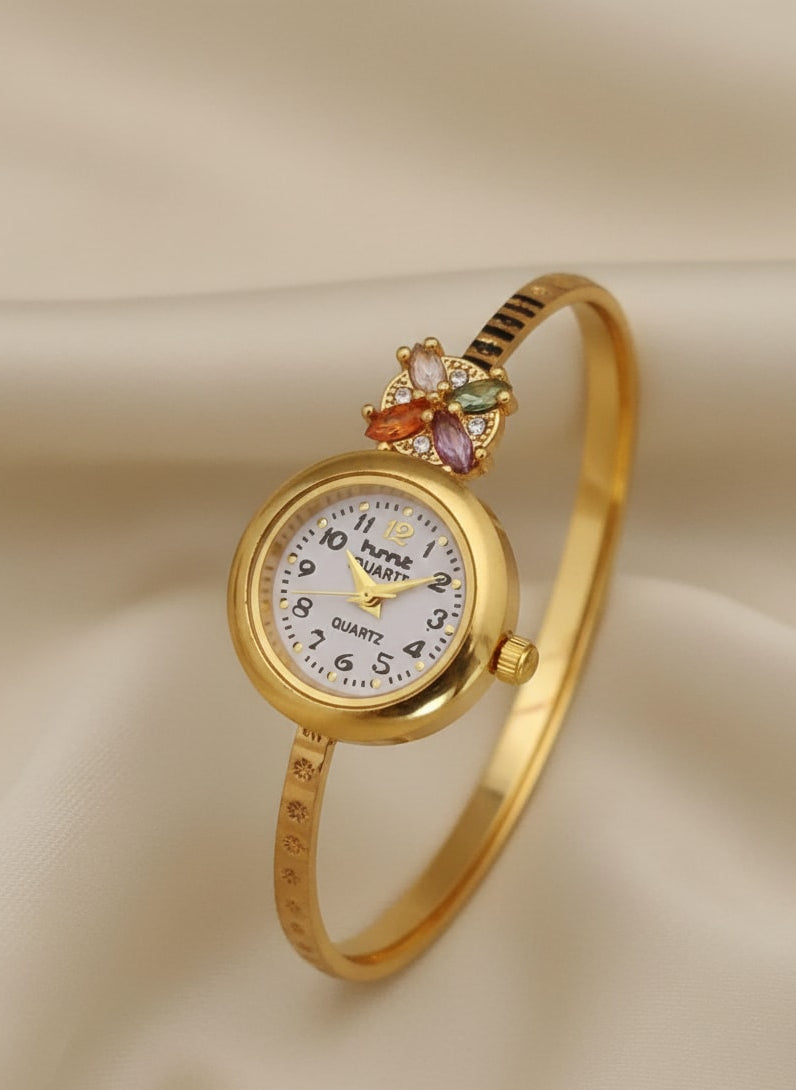 Beautiful Golden Floral And Stone Studded Bracelet Watch For Women