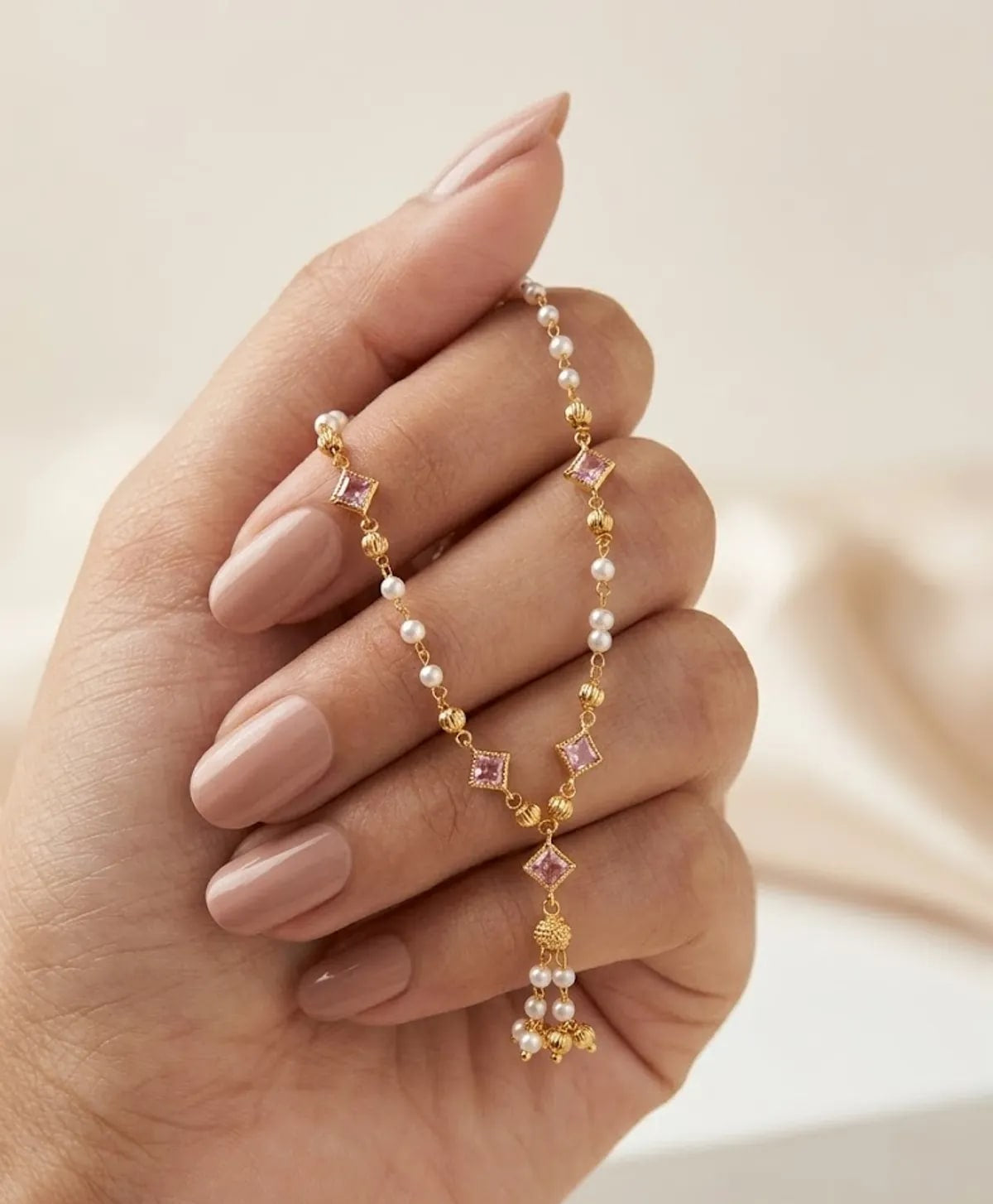 Micro Gold Plated Pearl 18 iches Chain with Pink Stone Accents & Elegant Drop
