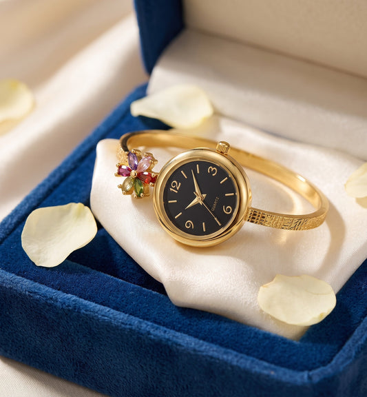 Gold Tone Plated And Diamond Fancy Adjustable Black Flower Watch
