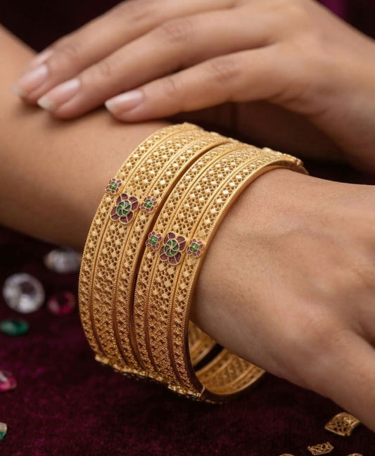 Royal Floral Filigree Micro Gold Plated Ruby & Emerald Stone Studded Fancy Bangles Set