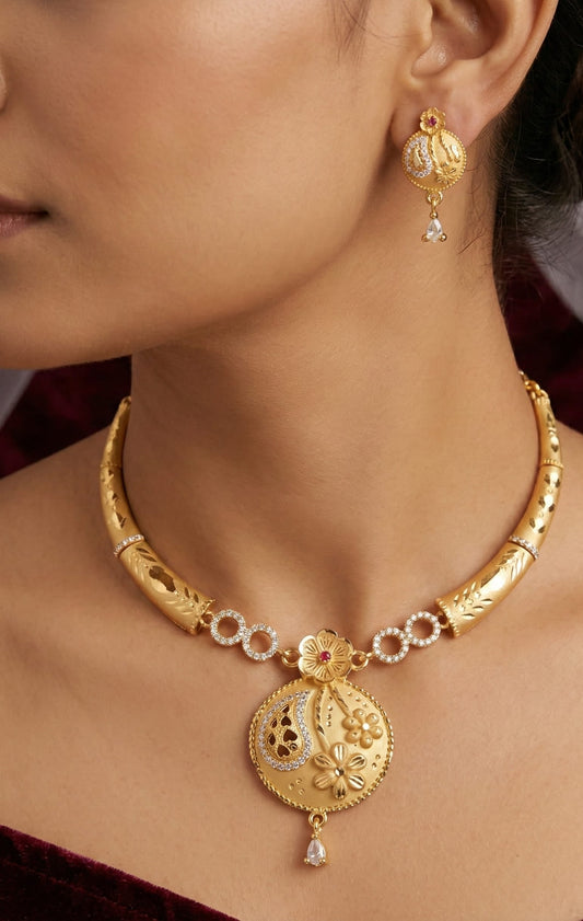 Royal Floral Heritage Micro Gold Plated And Necklace Set with Elegant Drop Pendant