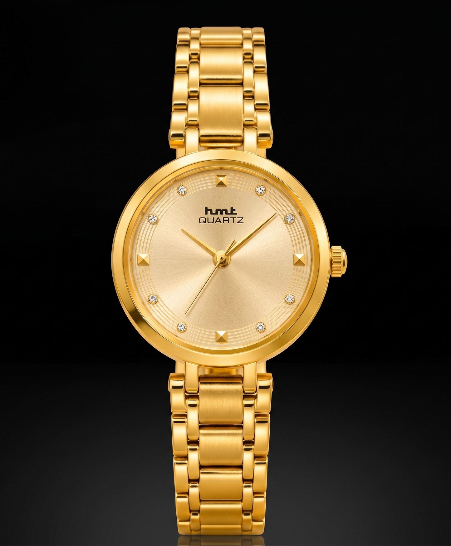 HMT Quartz Elegant Gold-Tone Women's Analog Watch with Crystal Accents
