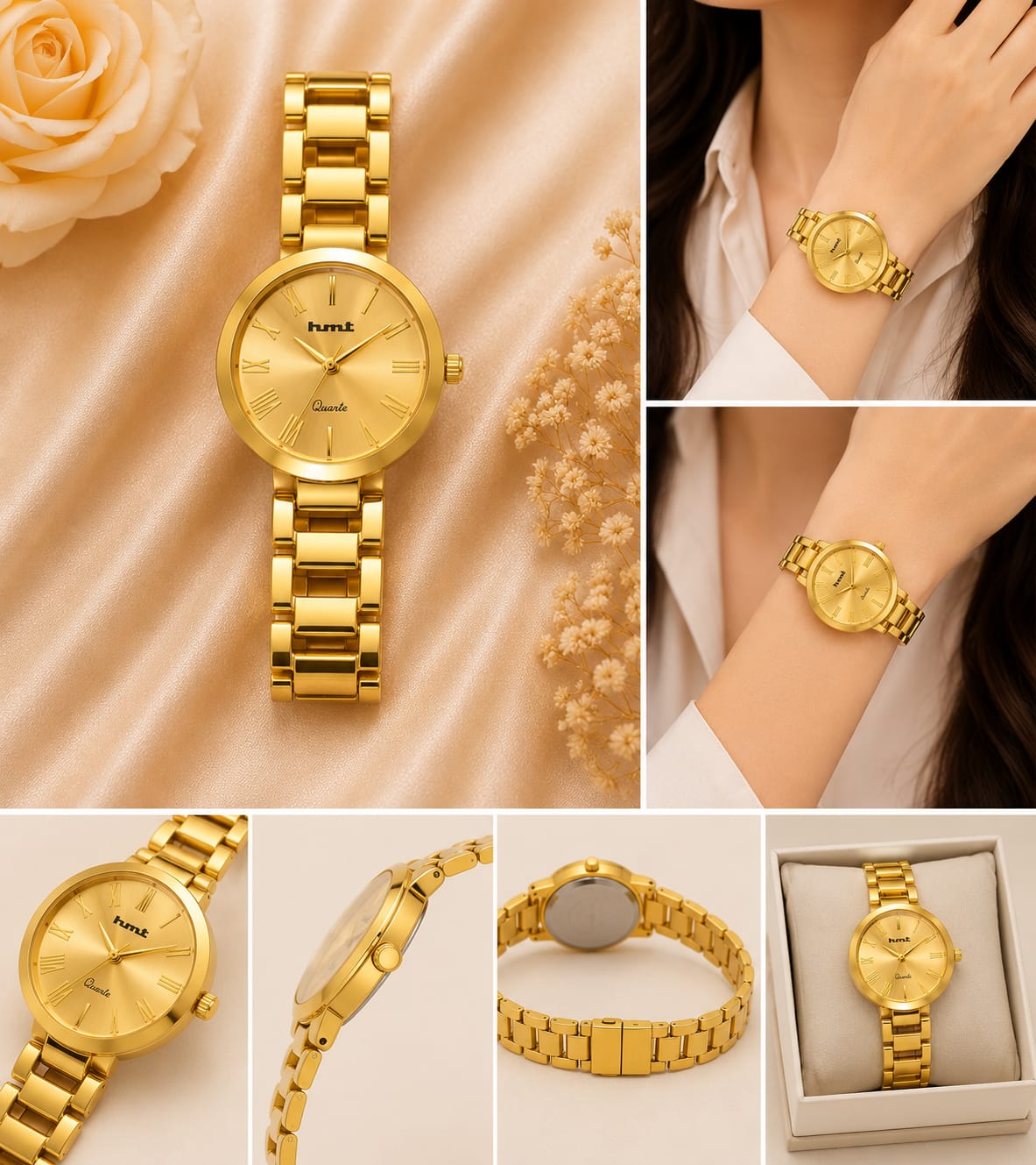Minimalist Gold-Tone Women's Analog Watch with Linked Bracelet