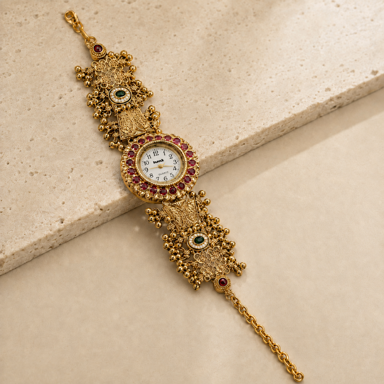 Gold-Toned Kundan Stone Traditional Bracelet Watch