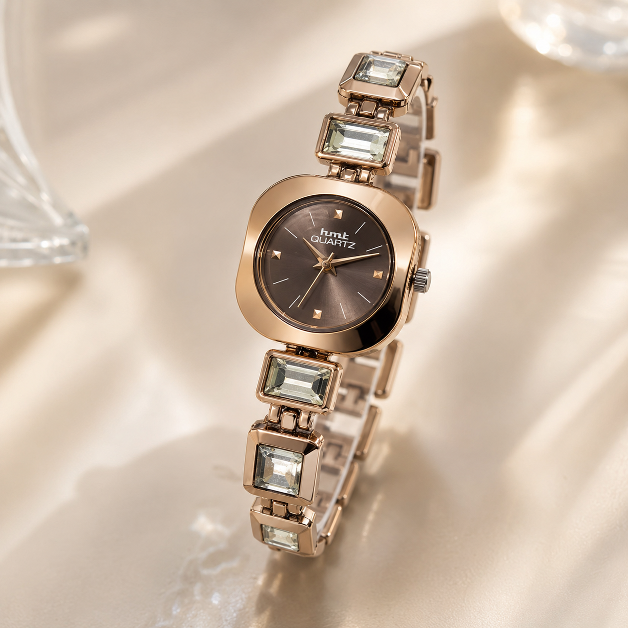 Gold-Toned Crystal Stone Bracelet Watch for Women