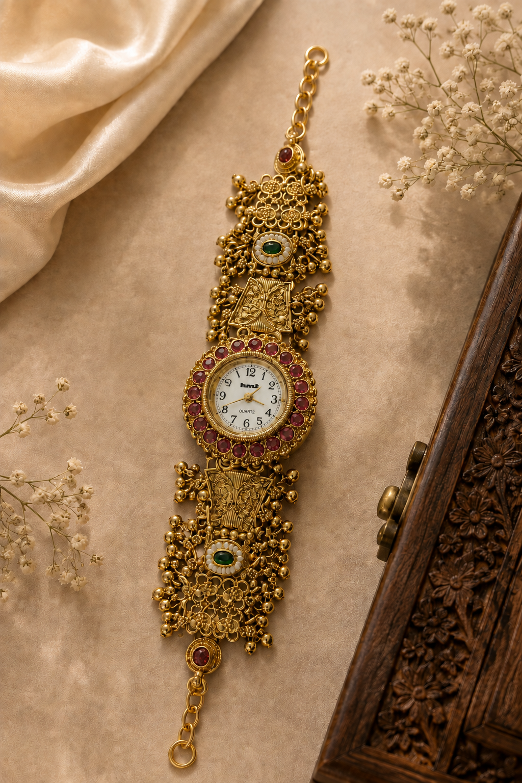 Gold-Toned Kundan Stone Traditional Bracelet Watch