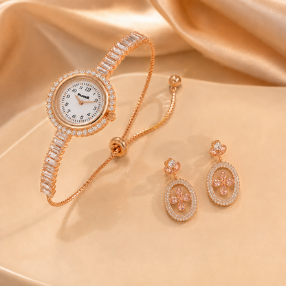 Aura Rose Gold Crystal Adjustable Bracelet Watch & Stone Studded Earring Combo Set