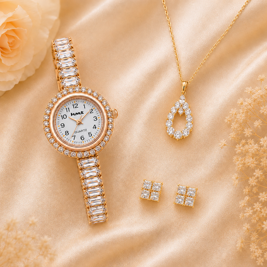 Majestic Rose Gold Crystal Watch, Necklace Pendant & Earring Gift Set - 3 Piece Combo