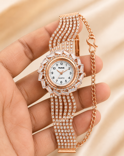 Rose Gold Crystal-Embellished Luxury Bracelet Watch