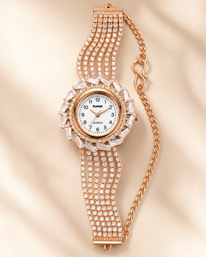 Rose Gold Crystal-Embellished Luxury Bracelet Watch