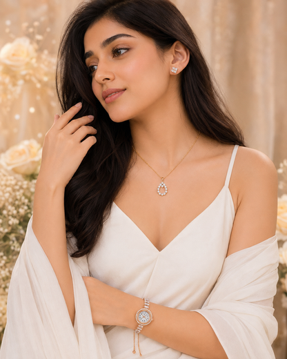 Majestic Rose Gold Crystal Watch, Necklace Pendant & Earring Gift Set - 3 Piece Combo