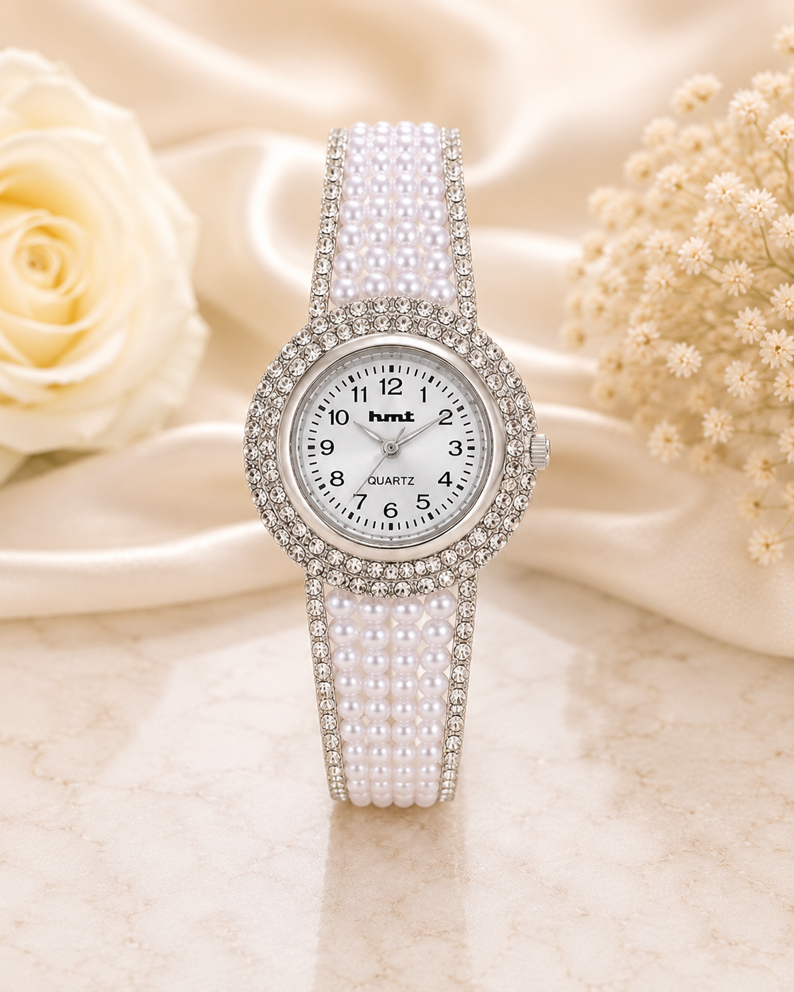 Luxury Silver Pearl & Diamond-Cut Crystal Studded Bracelet Watch for Women