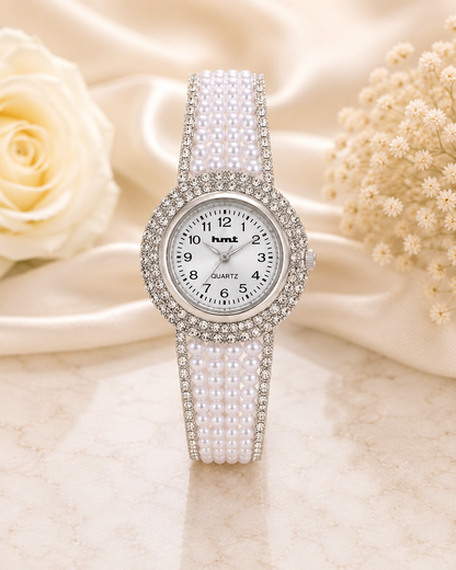 Luxury Silver Pearl & Diamond-Cut Crystal Studded Bracelet Watch for Women