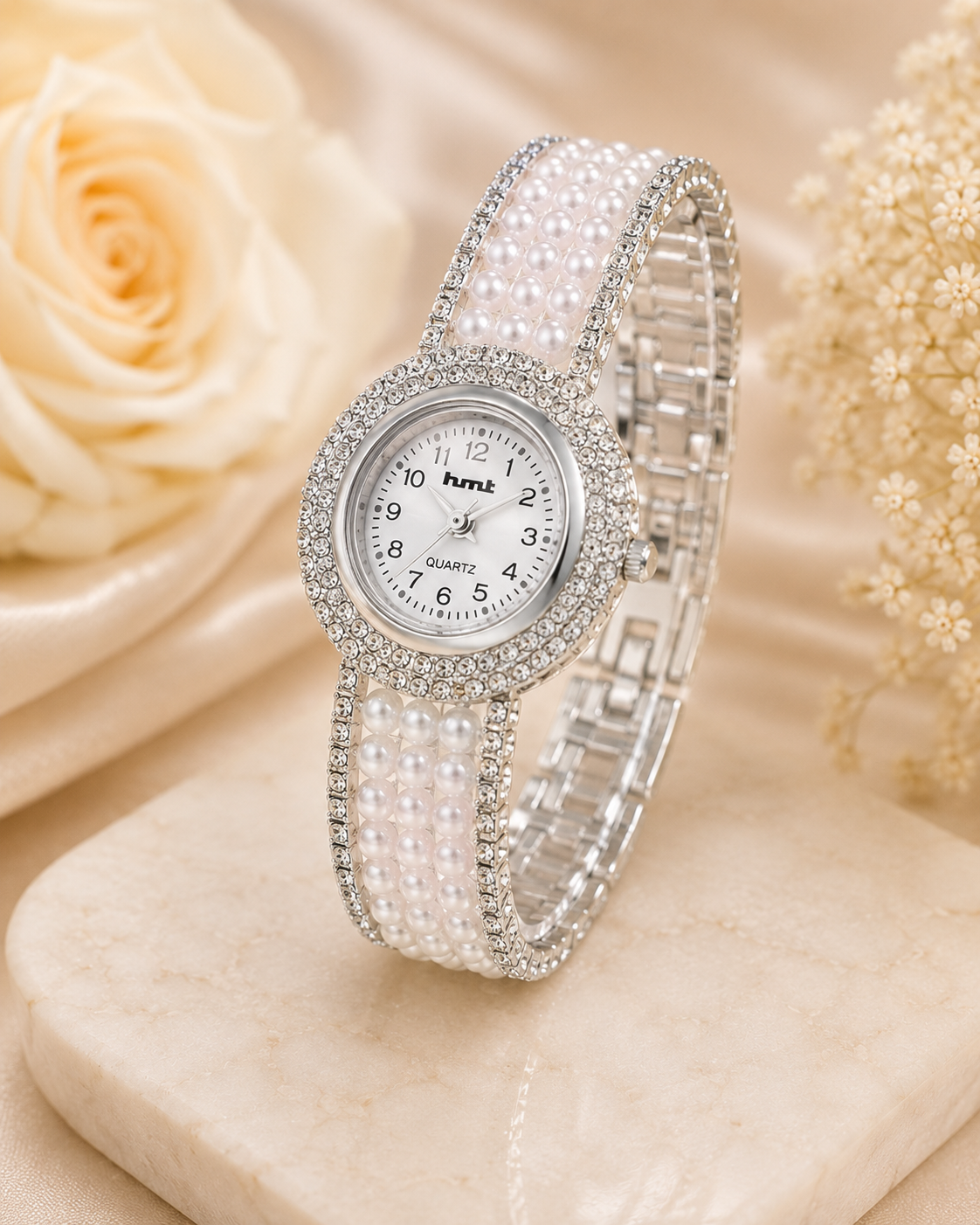 Luxury Silver Pearl & Diamond-Cut Crystal Studded Bracelet Watch for Women