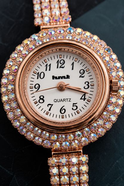 HMT Quartz Premium Rose Gold Crystal Bracelet Watch
