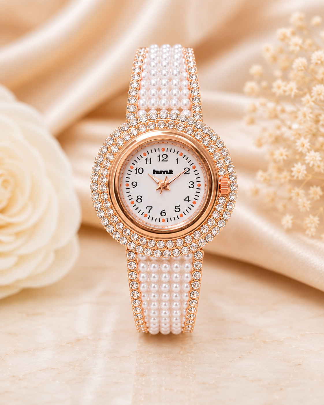 18k Gold Plated Pearl Crystal Bracelet Watch