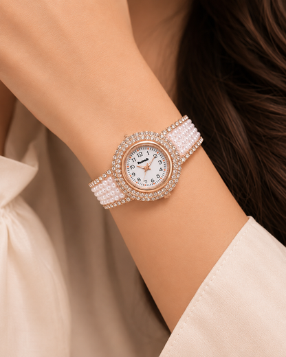 18k Gold Plated Pearl Crystal Bracelet Watch