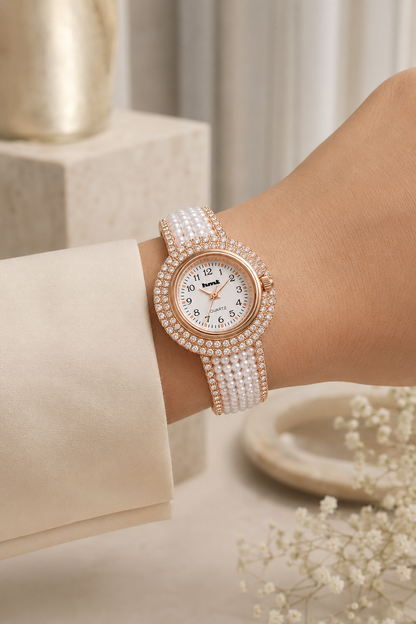 18k Gold Plated Pearl Crystal Bracelet Watch