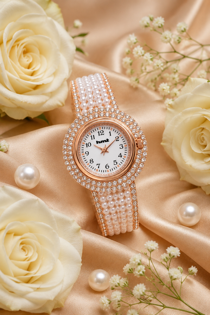 18k Gold Plated Pearl Crystal Bracelet Watch