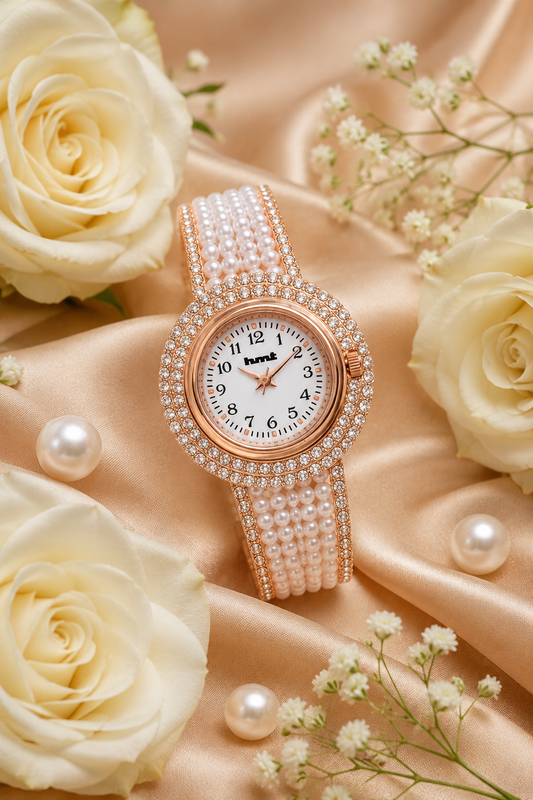 18k Gold Plated Pearl Crystal Bracelet Watch
