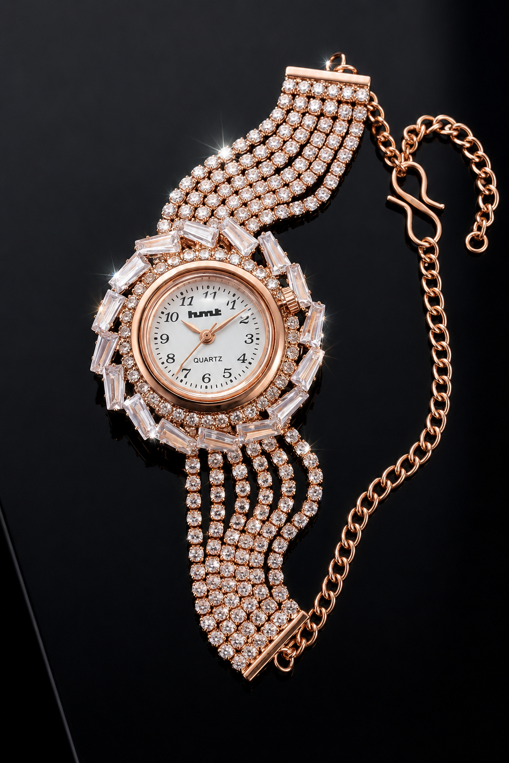 Rose Gold Crystal-Embellished Luxury Bracelet Watch