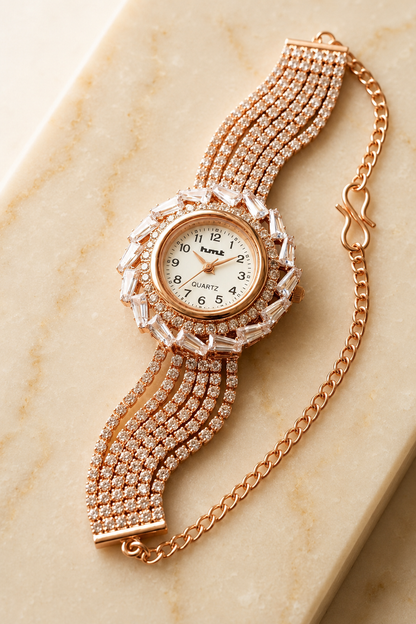 Rose Gold Crystal-Embellished Luxury Bracelet Watch