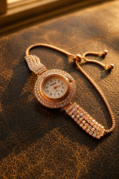 HMT Quartz Premium Rose Gold Crystal Bracelet Watch