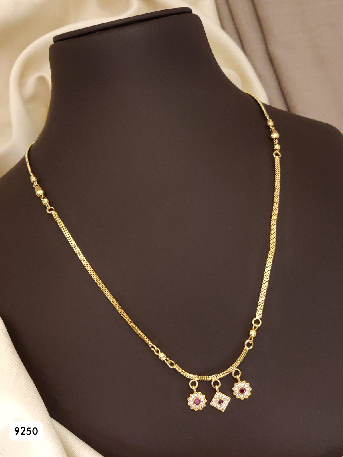 Delicate Gold Chain with Floral Ruby Pendants