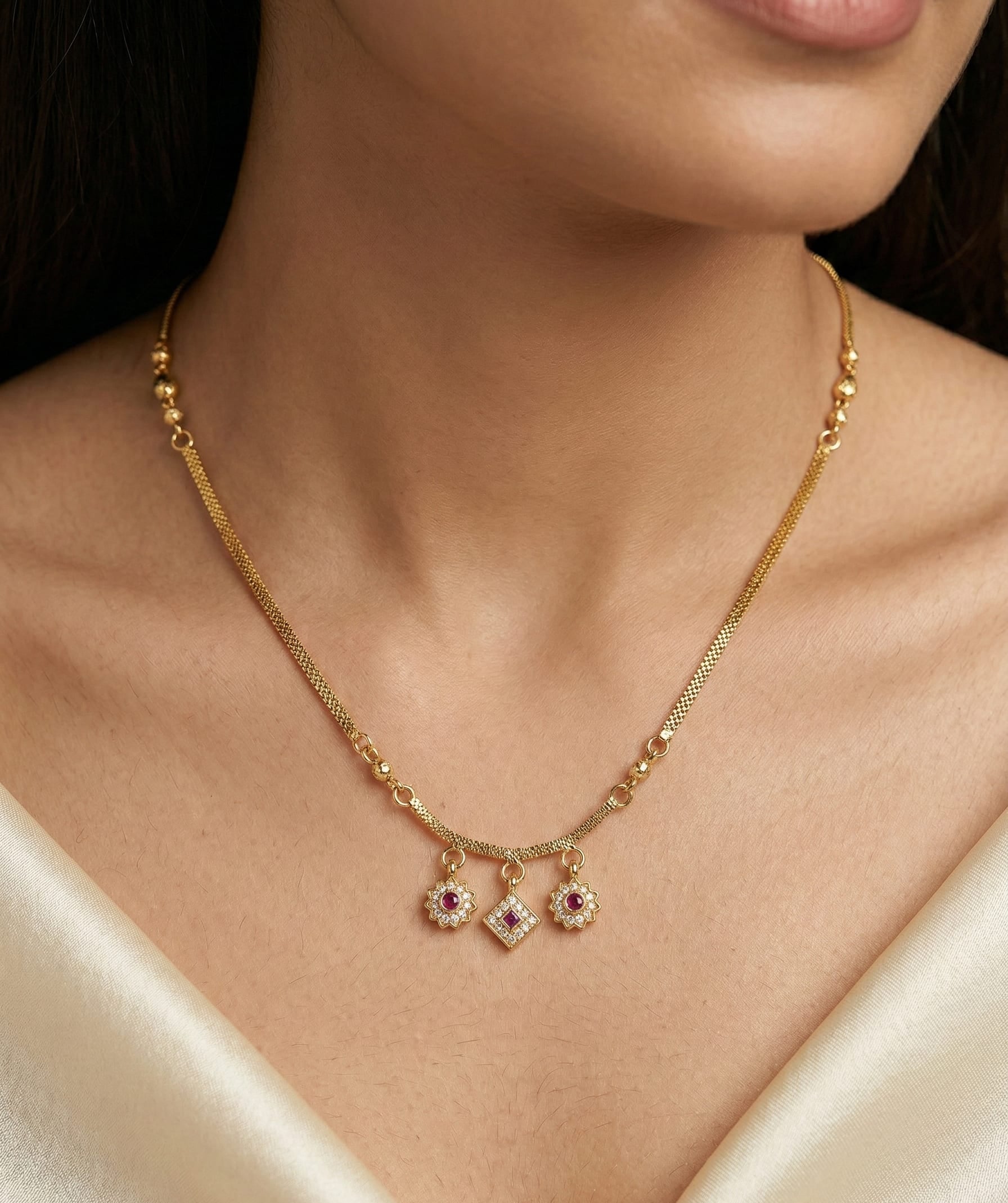 Delicate Gold Chain with Floral Ruby Pendants