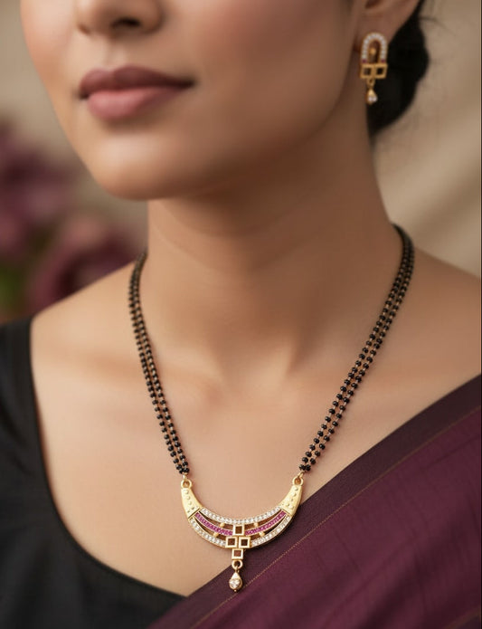 Designer Curved And Diamond & Ruby Stone Gold-Plated 24 Inches Mangalsutra Set with Earrings