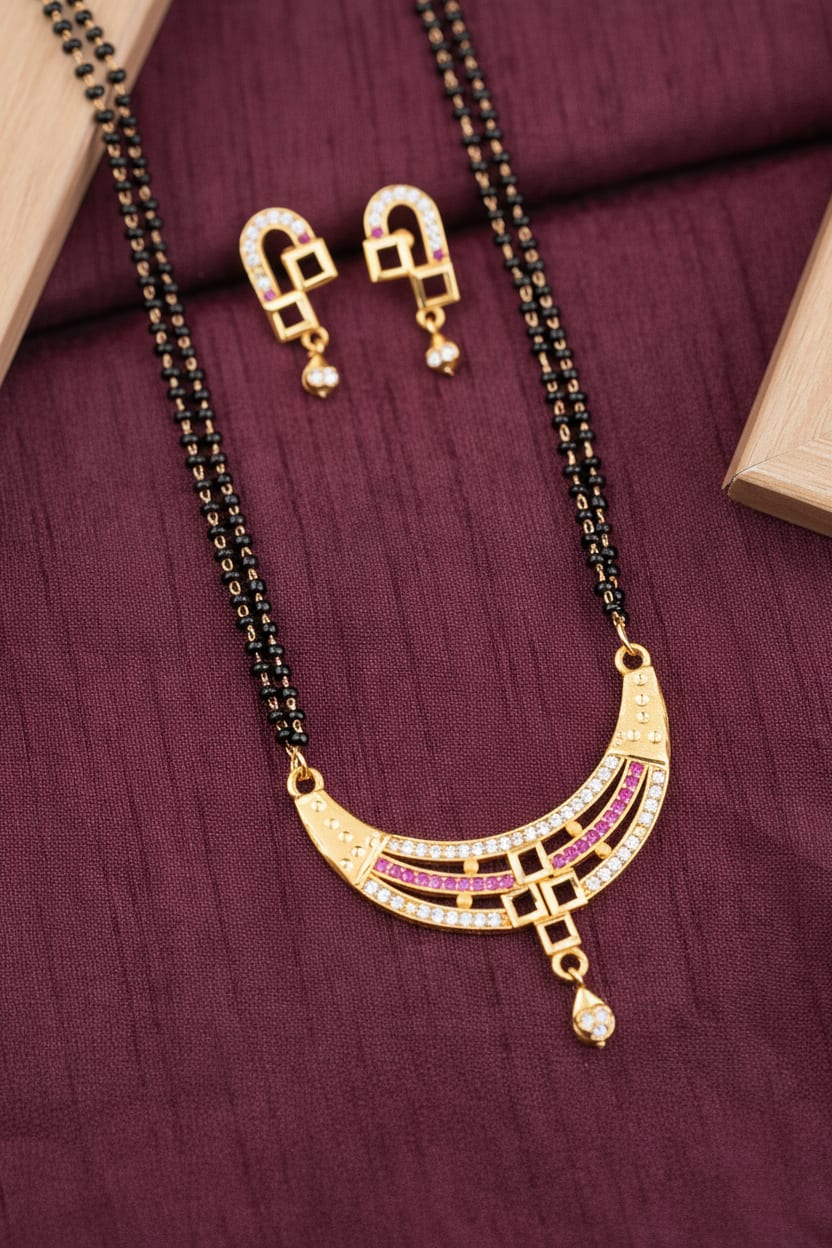 Designer Curved And Diamond & Ruby Stone Gold-Plated 24 Inches Mangalsutra Set with Earrings