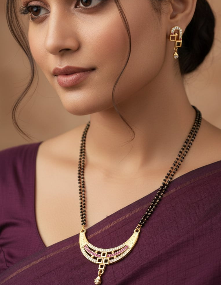 Designer Curved And Diamond & Ruby Stone Gold-Plated 24 Inches Mangalsutra Set with Earrings