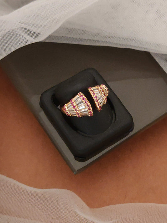 Rose Gold Plated And Diamond & Ruby Stone Adjustable Ring For Women