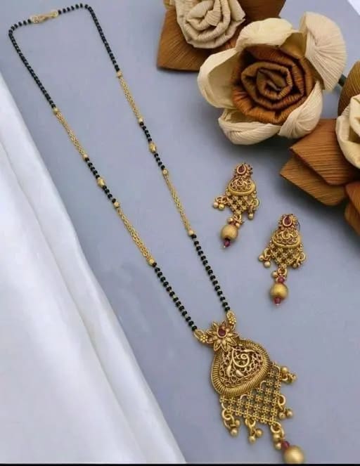 High Gold Plated Ruby Stone Studded Fancy Mangalsutra with Earring