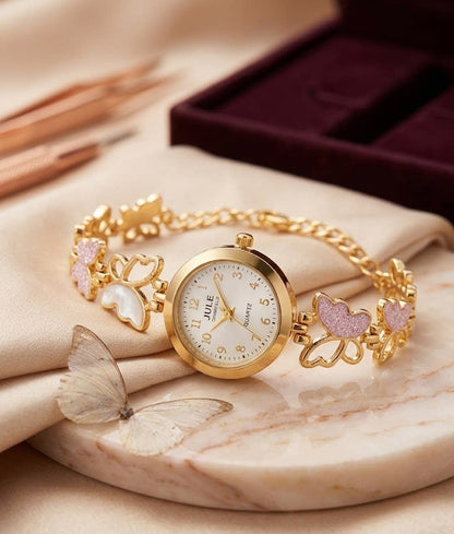 Elegant Butterfly Charm Gold Plated Adjustable Ladies Bracelet Watch