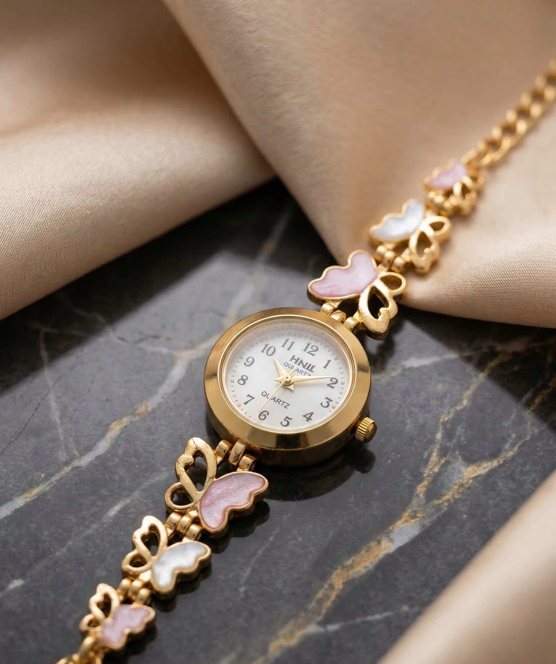 Elegant Butterfly Charm Gold Plated Adjustable Ladies Bracelet Watch