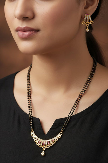 Elegant Curved AD Diamond & Ruby Stone Gold-Plated 24 inches Mangalsutra with earring