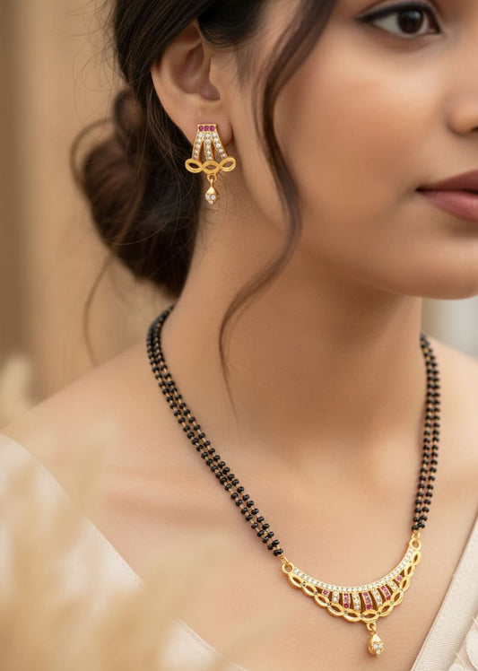 Elegant Curved AD Diamond & Ruby Stone Gold-Plated 24 inches Mangalsutra with earring