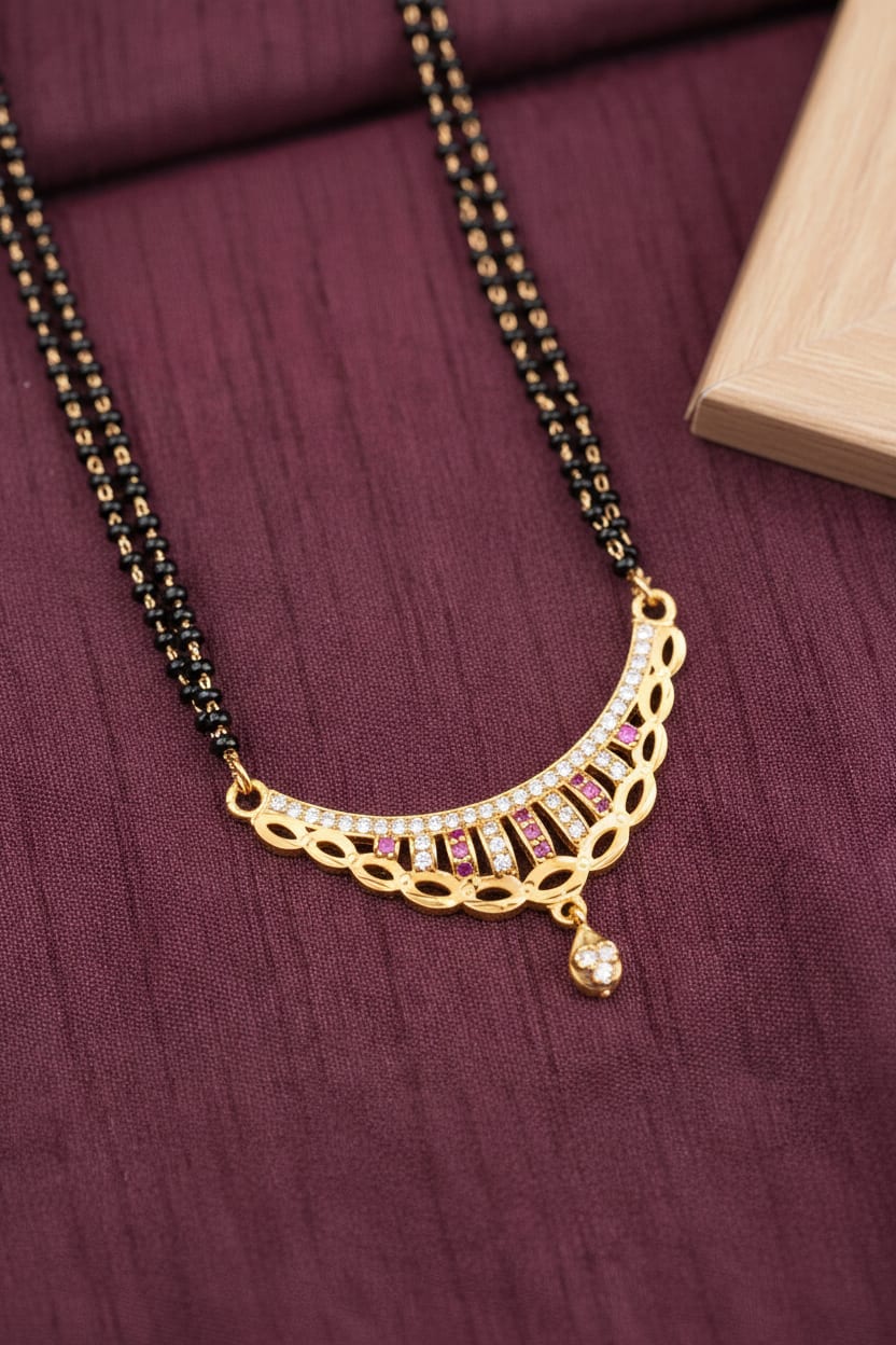 Elegant Curved AD Diamond & Ruby Stone Gold-Plated 24 inches Mangalsutra with earring