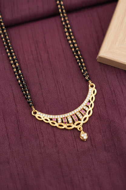 Elegant Curved AD Diamond & Ruby Stone Gold-Plated 24 inches Mangalsutra with earring