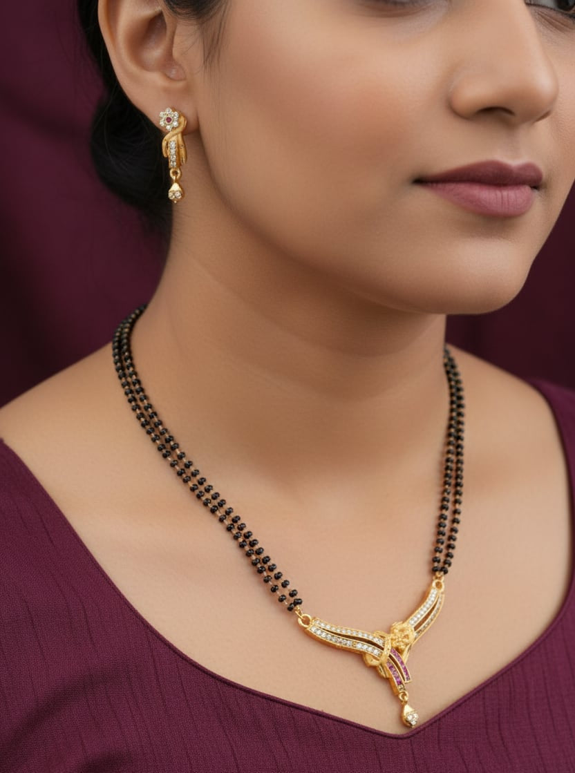 Elegant Double Line Black Beaded Mangalsutra with AD Diamond Pendant & Matching Earrings