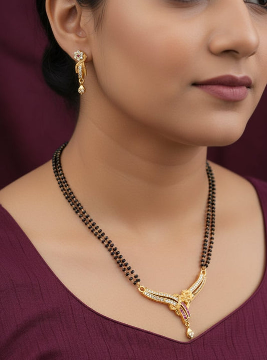 Elegant Double Line Black Beaded Mangalsutra with AD Diamond Pendant & Matching Earrings