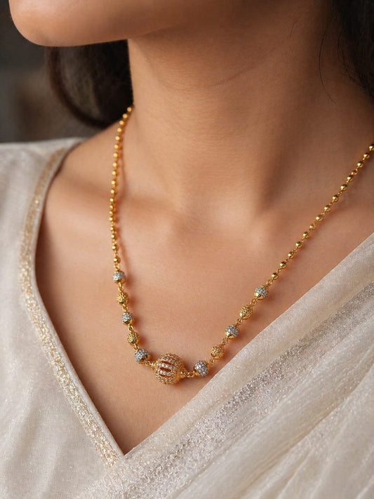 Elegant Dual-Tone Beaded Gold Necklace with Designer Center Pendant