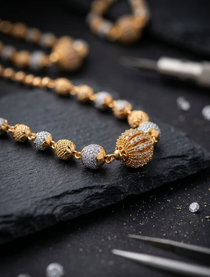 Elegant Dual-Tone Beaded Gold Necklace with Designer Center Pendant