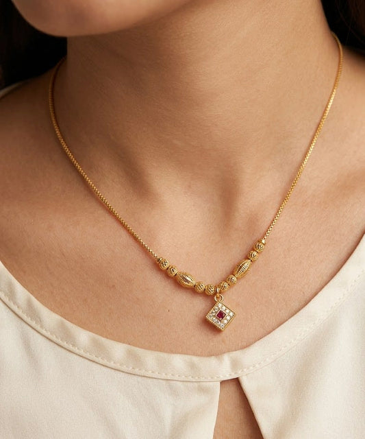 Elegant Gold Beaded Necklace with Ruby-Inspired 18 inches Pendant
