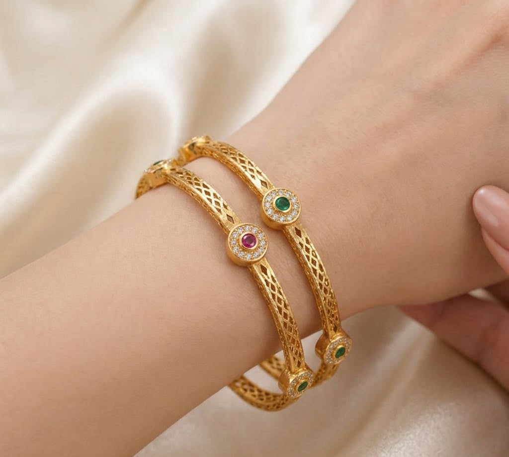 Elegant Gold-Plated Dual Stone Designer Bangles Pair